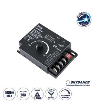 GLOBOSTAR® SKYDANCE-V1-K 73117 Dimmer με 1 x 20A 480W Κανάλι DC 12-48V 20A 480W Max IP20 - PWM - RF2.4Ghz - Μ10.7 x Π7.5 x Υ3.8cm - 5 Χρόνια Εγγύηση